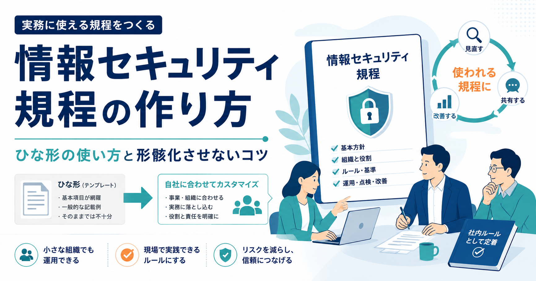 情報セキュリティ規程の作り方とひな形の使い方を解説するイラスト